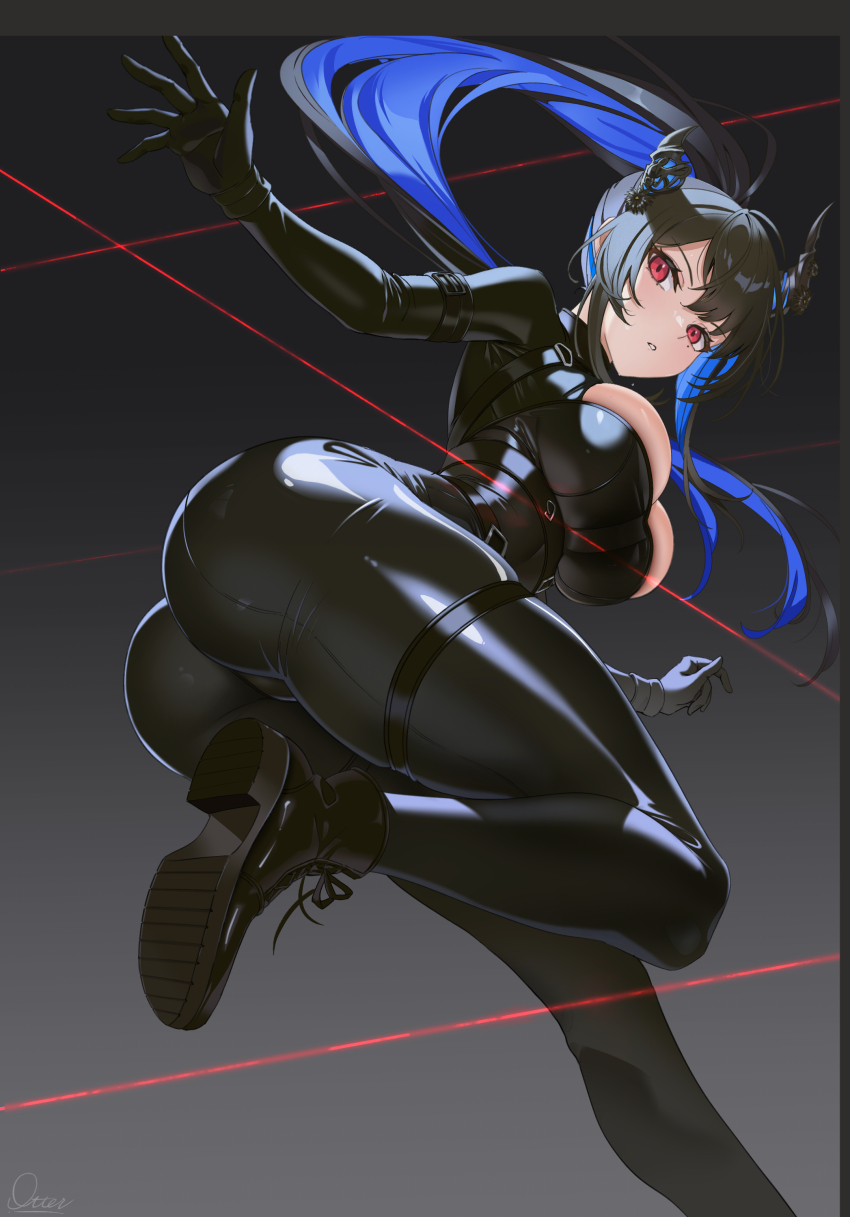 1girl, absurdres, alternate_costume, arm_strap, ass, asymmetrical_bangs, asymmetrical_horns, bad_id