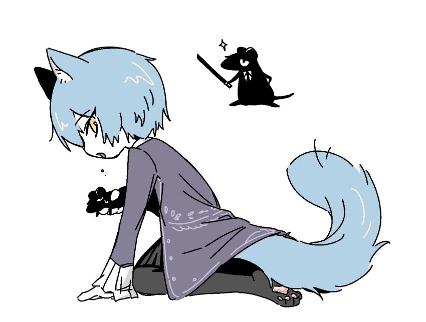 1boy, 1girl, angela_(project_moon), animal_ears, animal_legs, blue_coat, blue_hair, cat_ears