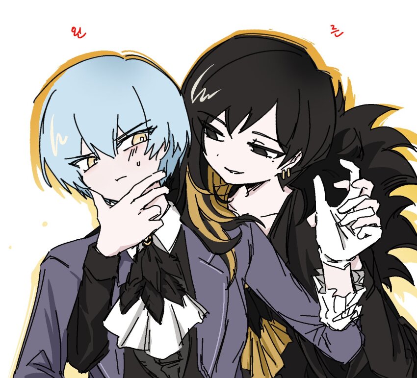 2girls, angela_(project_moon), ascot, binah_(project_moon), black_coat, black_dress, black_eyes, black_hair