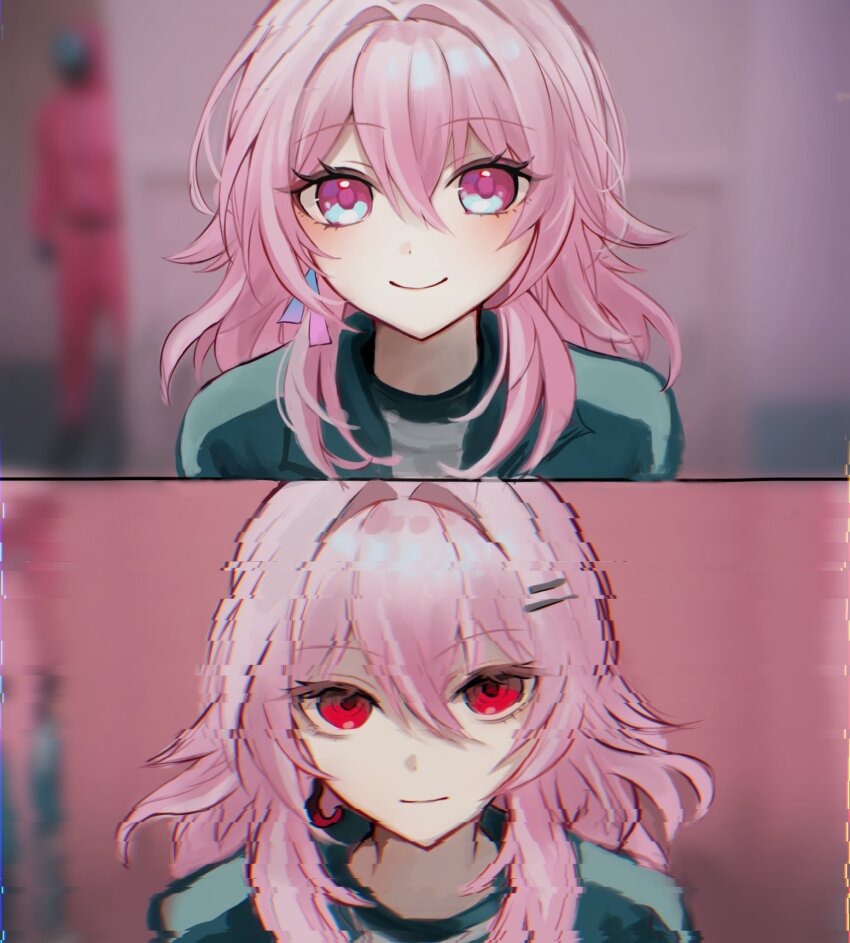 2girls, alternate_costume, before_and_after, closed_mouth, commentary, dual_persona, earrings, evernight_(honkai:_star_rail)