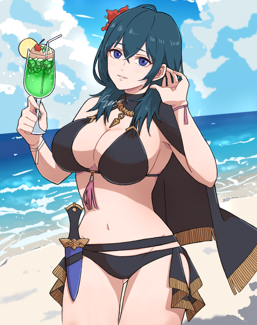 1girl, adjusting_hair, beach, belt, bikini, black_belt, black_bikini, black_cape