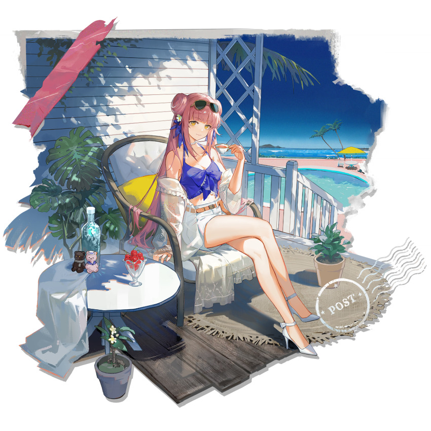 1girl, arknights, beach, blue_sky, camisole, ceylon_(arknights), ceylon_(holiday)_(arknights), chair