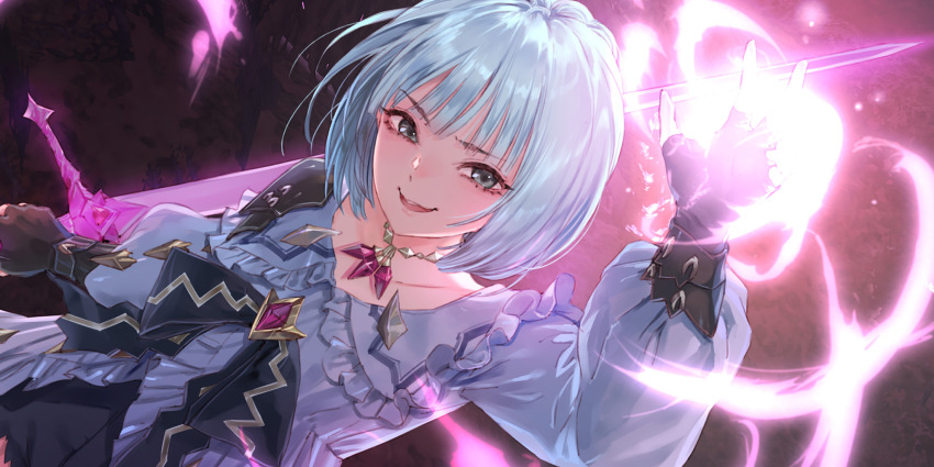 1girl, black_bow, black_gloves, blue_hair, blue_reflection_(series), blue_reflection_sun, bow, collarbone