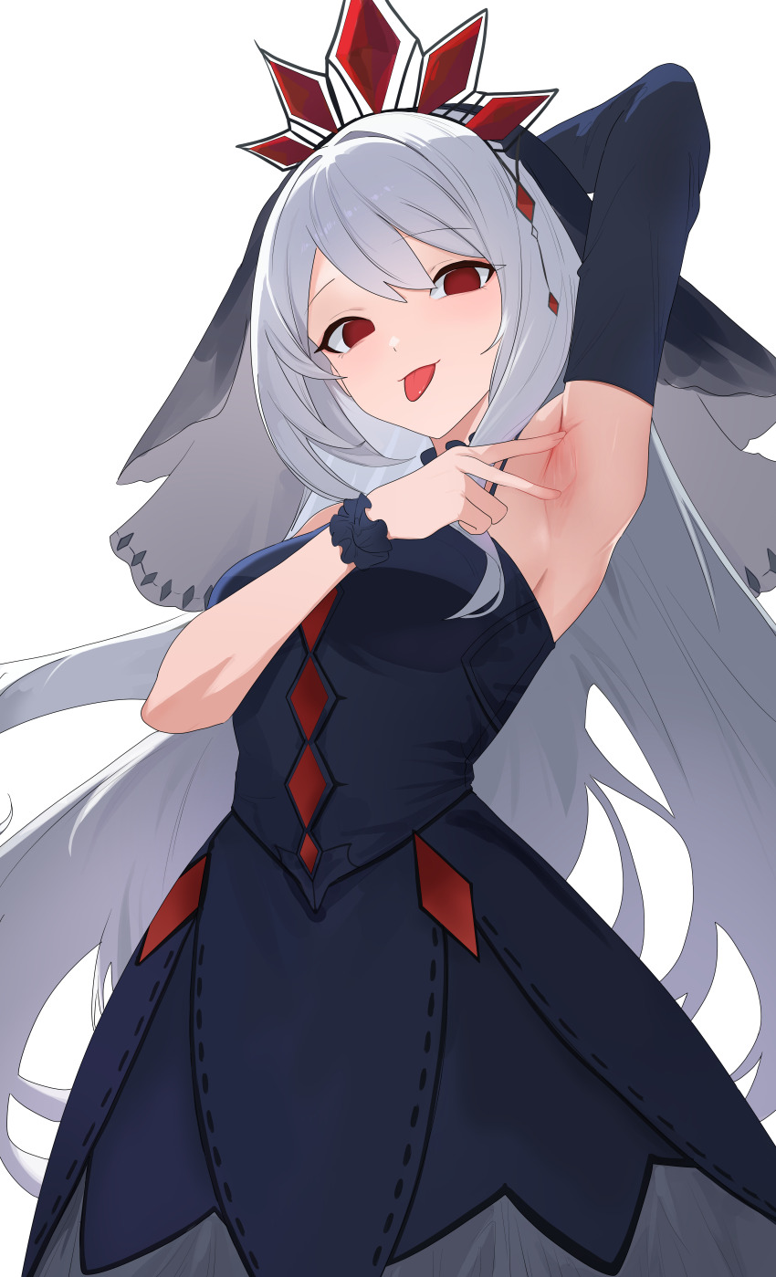 1girl, absurdres, arm_behind_head, arm_up, armpits, black_dress, black_gloves, black_veil, breasts, closed_mouth, commission, dress, duel_monster, elbow_gloves, gloves, guiding_quem_the_virtuous, hair_between_eyes, highres, long_hair, looking_at_viewer, looking_down, medium_breasts, nbee_ya, playing_card_game, playing_games, presenting_armpit, red_eyes, scrunchie, simple_background, smile, solo, tongue, tongue_out, veil, very_long_hair, white_background, white_hair, wrist_scrunchie, yu-gi-oh!