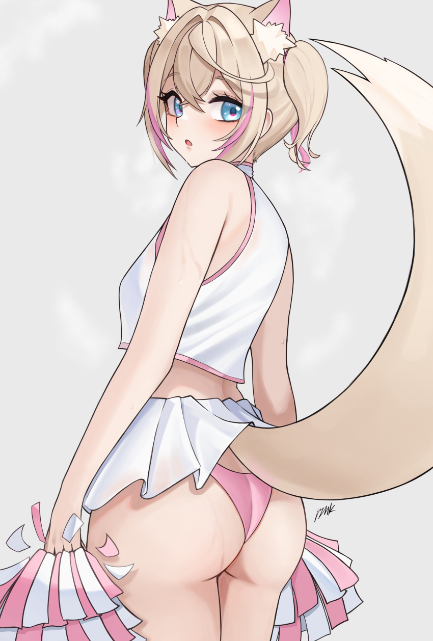 1girl, :d, absurdres, alternate_costume, animal_ear_fluff, animal_ears, ass, blonde_hair