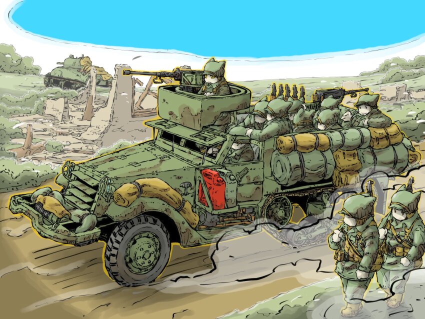 6+boys, browning_m2, caterpillar_tracks, combat_helmet, gun, half-track, heavy_machine_gun, helmet