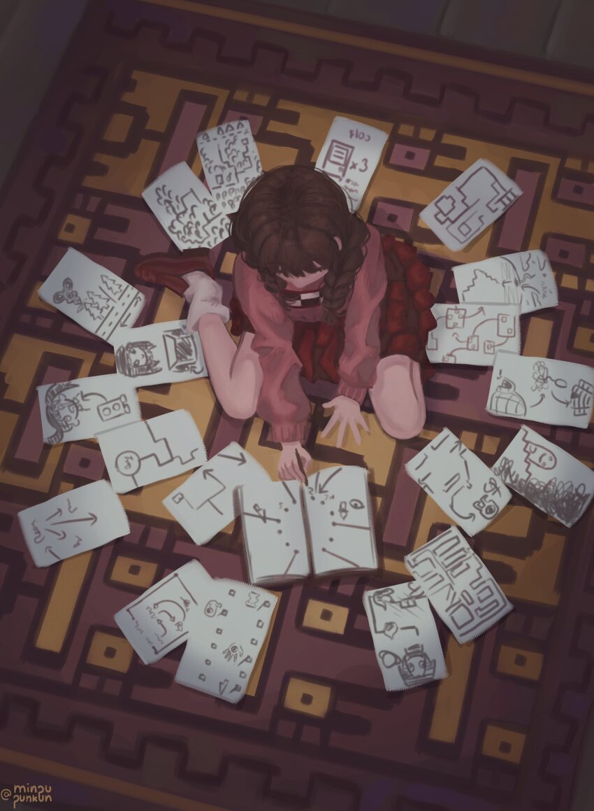 1girl, absurdres, braid, brown_hair, brown_shoes, closed_eyes, drawing_(object), highres