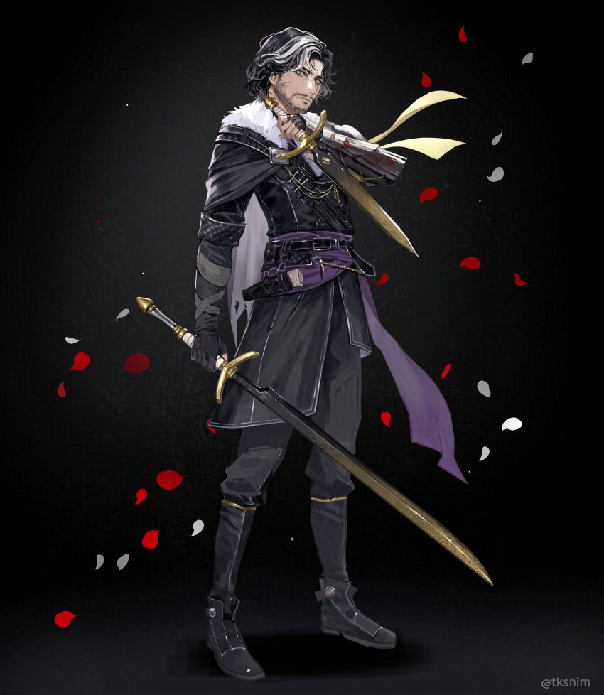 1boy, absurdres, beard, belt, black_background, black_boots, black_gloves, black_hair