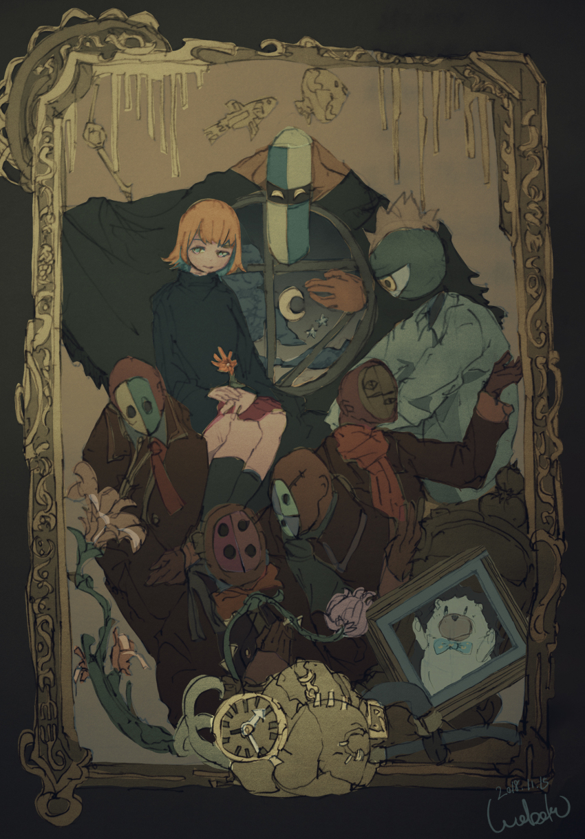 1girl, 2018, 6+others, artist_name, black_socks, black_sweater, blonde_hair, blue_bow, blue_bowtie, blue_eyes, blue_hair, bow, bowtie, brown_flower, brown_robe, brown_scarf, brown_shoes, byoushin_wo_kamu_(zutomayo), center-flap_bangs, clock, closed_mouth, cloud, crescent_moon, cyclops, dark, dress_shirt, flower, hedgehog, highres, holding, holding_flower, kakihara_kurimunto, long_sleeves, moon, multiple_others, nira-chan, nira-chan_(byoushin_wo_kamu)_(zutomayo), one-eyed, orange_flower, other_with_female, picture_frame, red_skirt, robe, scarf, shirt, shoes, short_hair, signature, sitting, sitting_on_person, skirt, smile, socks, sweater, turtleneck, turtleneck_sweater, uniguri_(zutomayo), waboku_(mashmash), white_shirt, window, zutto_mayonaka_de_ii_no_ni