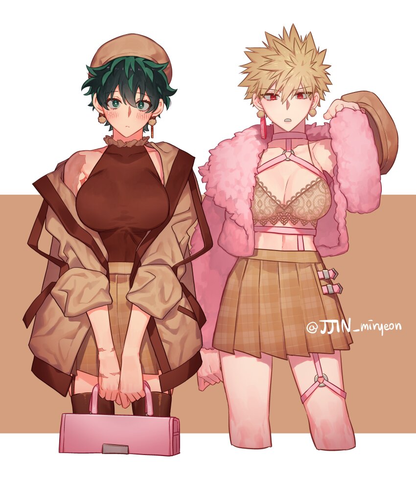 2girls, absurdres, bag, bakugou_katsuki, blonde_hair, boku_no_hero_academia, breasts, brown_coat