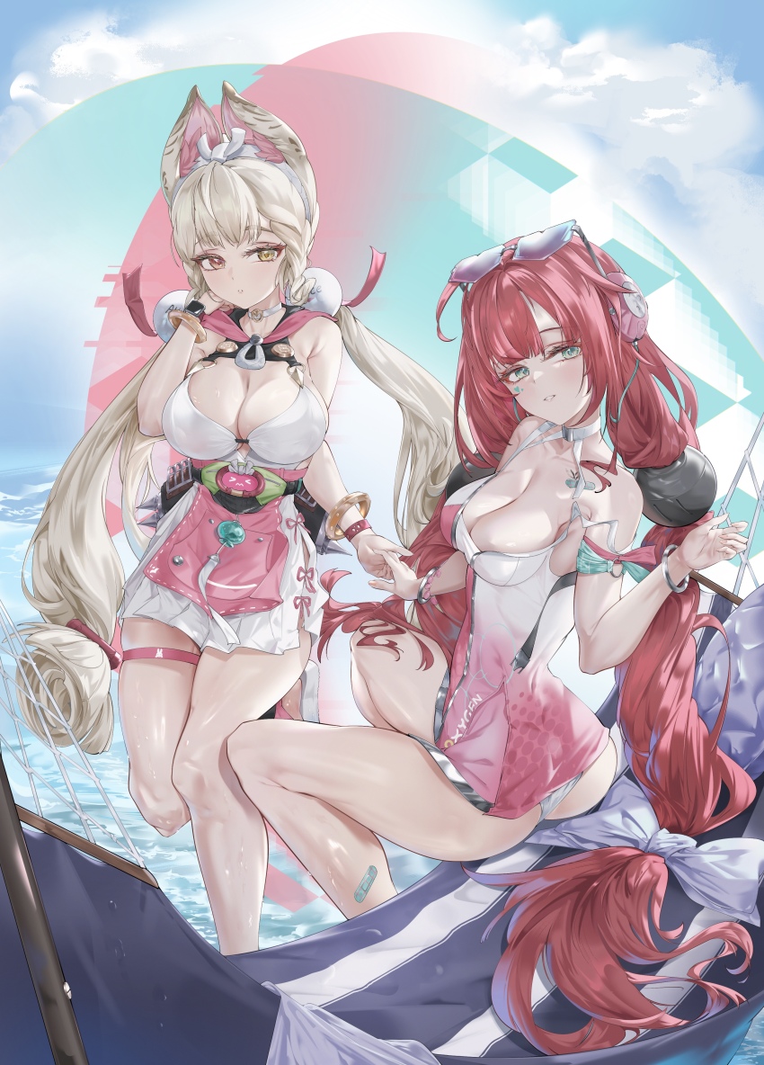 2girls, absurdres, alice_thymefield, alice_thymefield_(sea_of_thyme), animal_ears, bandaid, blonde_hair, braid