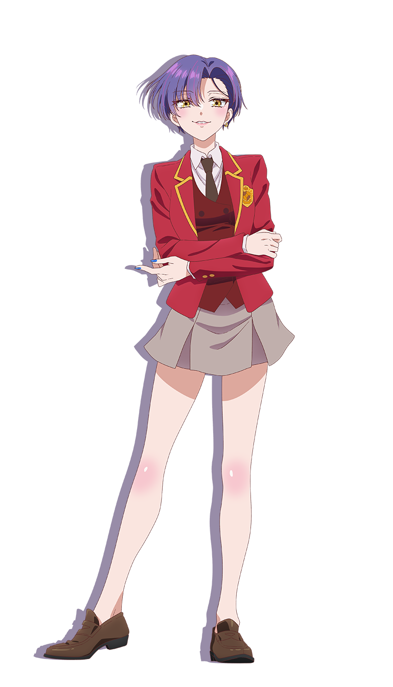 1girl, anime_coloring, blue_nails, breasts, collared_shirt, earrings, full_body, grey_necktie, grey_skirt, highres, inoue_yuusuke, jacket, jewelry, lips, loafers, long_sleeves, looking_at_viewer, mikadono_kazuki, mikadono_sanshimai_wa_angai_choroi, necktie, official_art, parted_lips, pleated_skirt, purple_hair, red_jacket, red_vest, saika_academy_school_uniform, school_uniform, shirt, shoes, short_hair, simple_background, skirt, smile, solo, standing, teeth, thighs, transparent_background, tsurime, vest, white_shirt, yellow_eyes