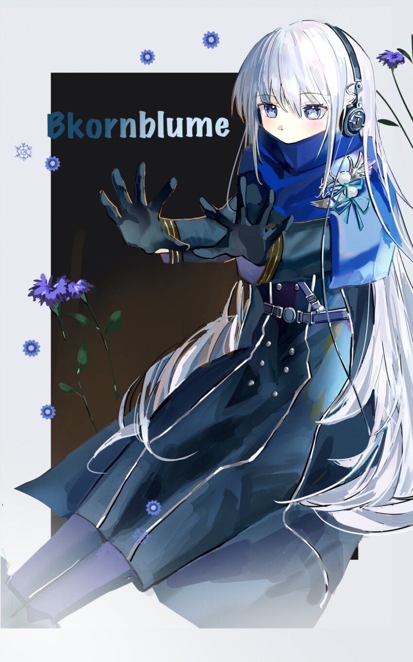 1girl, belt, bkornblume, black_coat, black_dress, black_gloves, blue_eyes, blue_flower