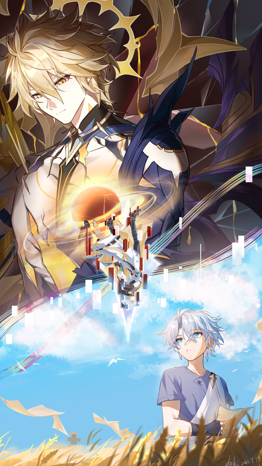 absurdres, age_comparison, alternate_form, antenna_hair, artist_name, black_gloves, black_pants, black_wings