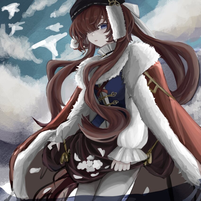 1girl, :o, au_revoir, black_hat, black_vest, blue_sky, cape, cloud, coat, cowboy_shot, fur-trimmed_coat, fur_trim, hair_over_one_eye, hat, highres, holding_own_skirt, long_hair, looking_at_viewer, miniskirt, one_eye_covered, outdoors, pants, pants_under_skirt, red_cape, red_hair, red_skirt, reverse:1999, shirt, skirt, skirt_basket, sky, solo, very_long_hair, vest, wading, white_pants, white_shirt, yenisei_(reverse:1999)