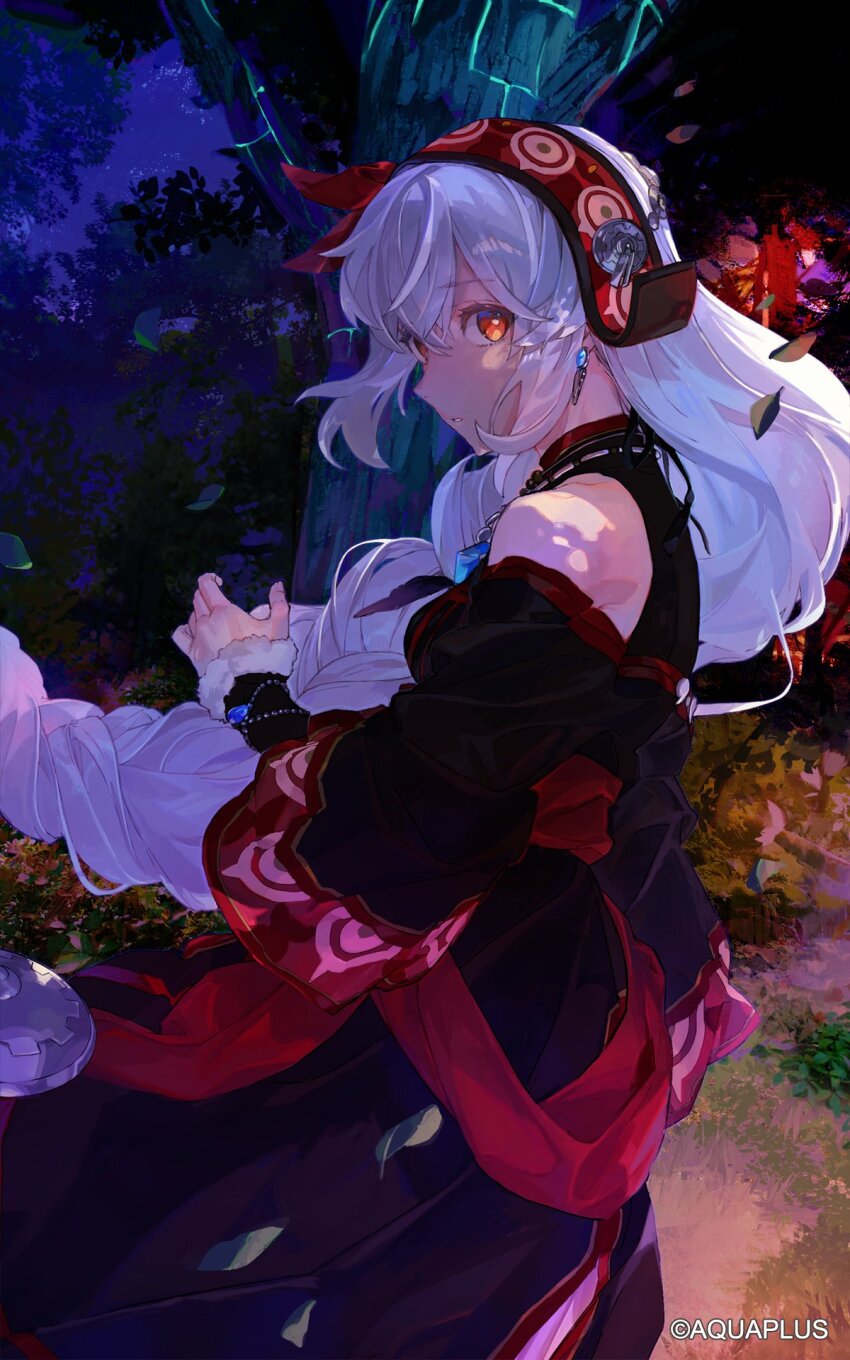 1girl, arm_warmers, bare_shoulders, black_arm_warmers, black_dress, braid, company_name, dress, earrings, forest, hair_between_eyes, hairband, highres, jewelry, kibadori_rue, long_hair, looking_at_viewer, looking_to_the_side, monochrome_mobius, nature, official_art, red_eyes, red_hairband, shunya_(utawarerumono), single_braid, solo, tree, utawarerumono, utawarerumono:_lost_flag, very_long_hair, white_hair