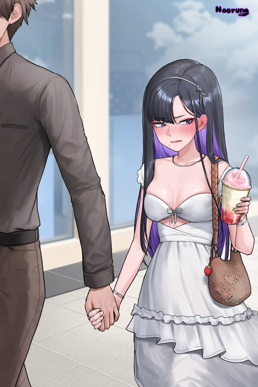 1boy, 1girl, absurdres, alternate_costume, artist_name, bag, black_hair, blush