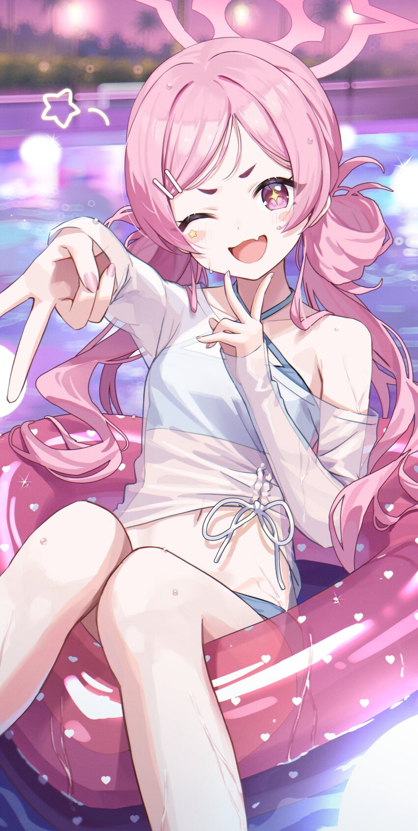 +_+, 1girl, ;d, absurdres, bare_legs, bare_shoulders, bikini, blue_archive