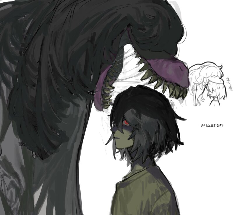 1girl, 1other, biting, head_biting, brown_hair, colored_skin, deltarune, furry, furry_female, gompang2_2, hair_over_eyes, highres, kris_(deltarune), long_hair, open_mouth, pink_skin, profile, red_eyes, saliva, sharp_teeth, short_hair, simple_background, susie_(deltarune), teeth, upper_body, utdr_(toby_fox), white_background