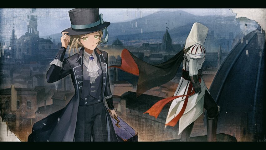 1boy, 1girl, anna_(drw01), ascot, assassin's_creed_(series), assassin's_creed_ii, black_cape, black_coat