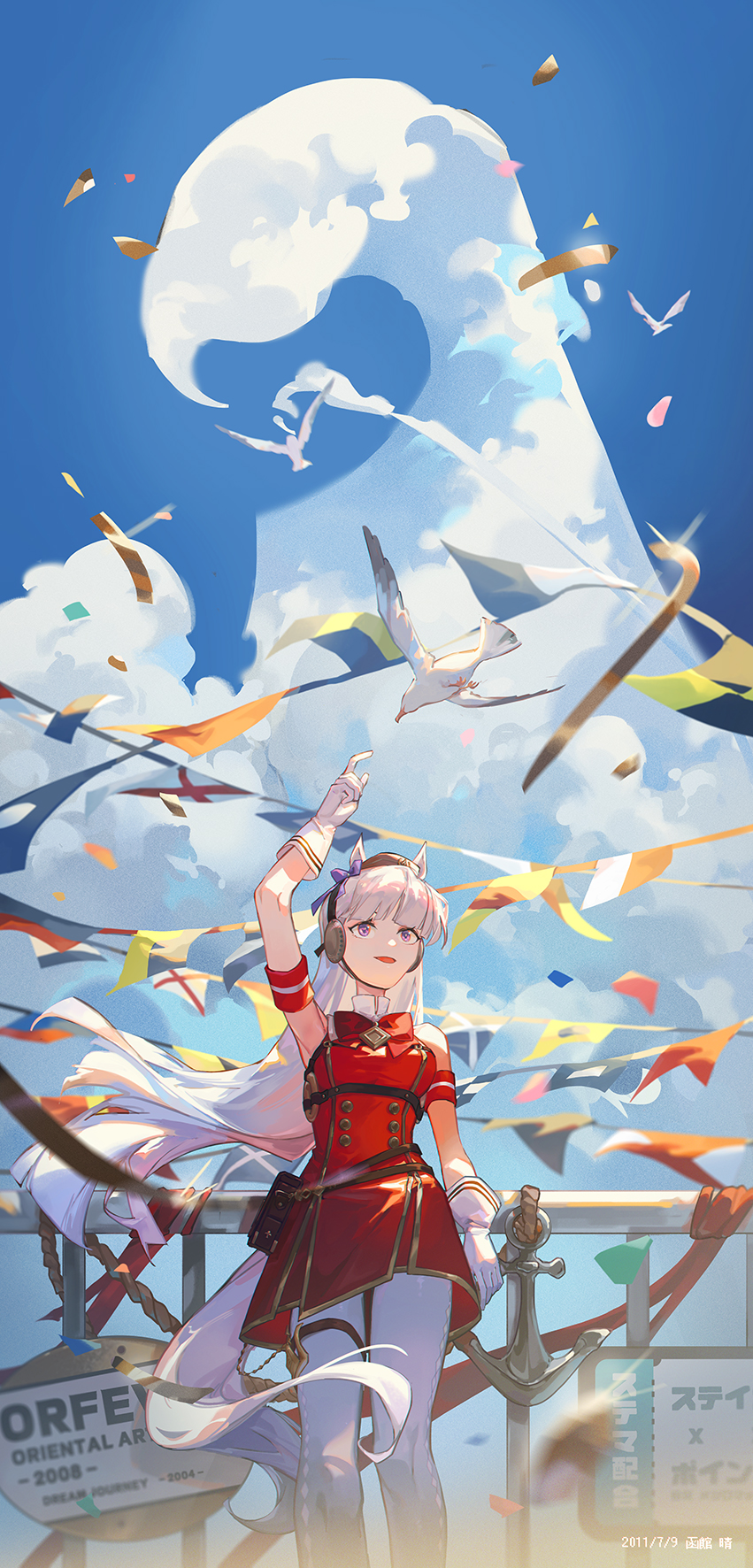 1girl, anchor, animal_ears, bird, blunt_bangs, bow, bowtie, buttons