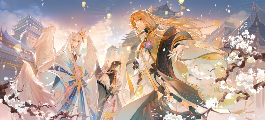 3boys, absurdres, architecture, beckoning, black_bridal_gauntlets, black_hair, black_jacket, black_sash