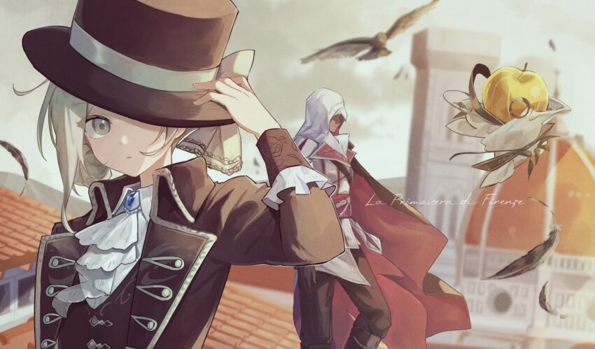 1boy, 1girl, apple, apple_(reverse:1999), apple_(the_fruit_of_wisdom)_(reverse:1999), ascot, assassin's_creed_(series), assassin's_creed_ii