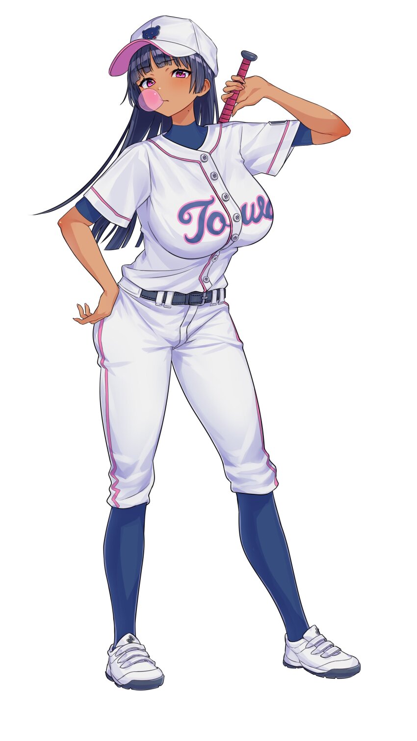 1girl, absurdres, arched_bangs, baseball_bat, baseball_cap, baseball_uniform, belt, black_belt