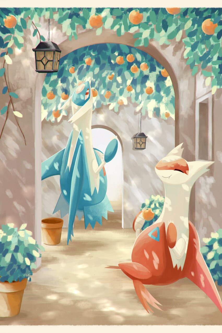 claws, closed_eyes, closed_mouth, eating, food, fruit, full_body, gen_3_pokemon, highres, holding, latias, latios, legendary_pokemon, nintendo, no_humans, orange_(fruit), outdoors, pokemon, pokemon_(creature), ramune_(sea_glassblue), red_eyes, smile, tree, wings