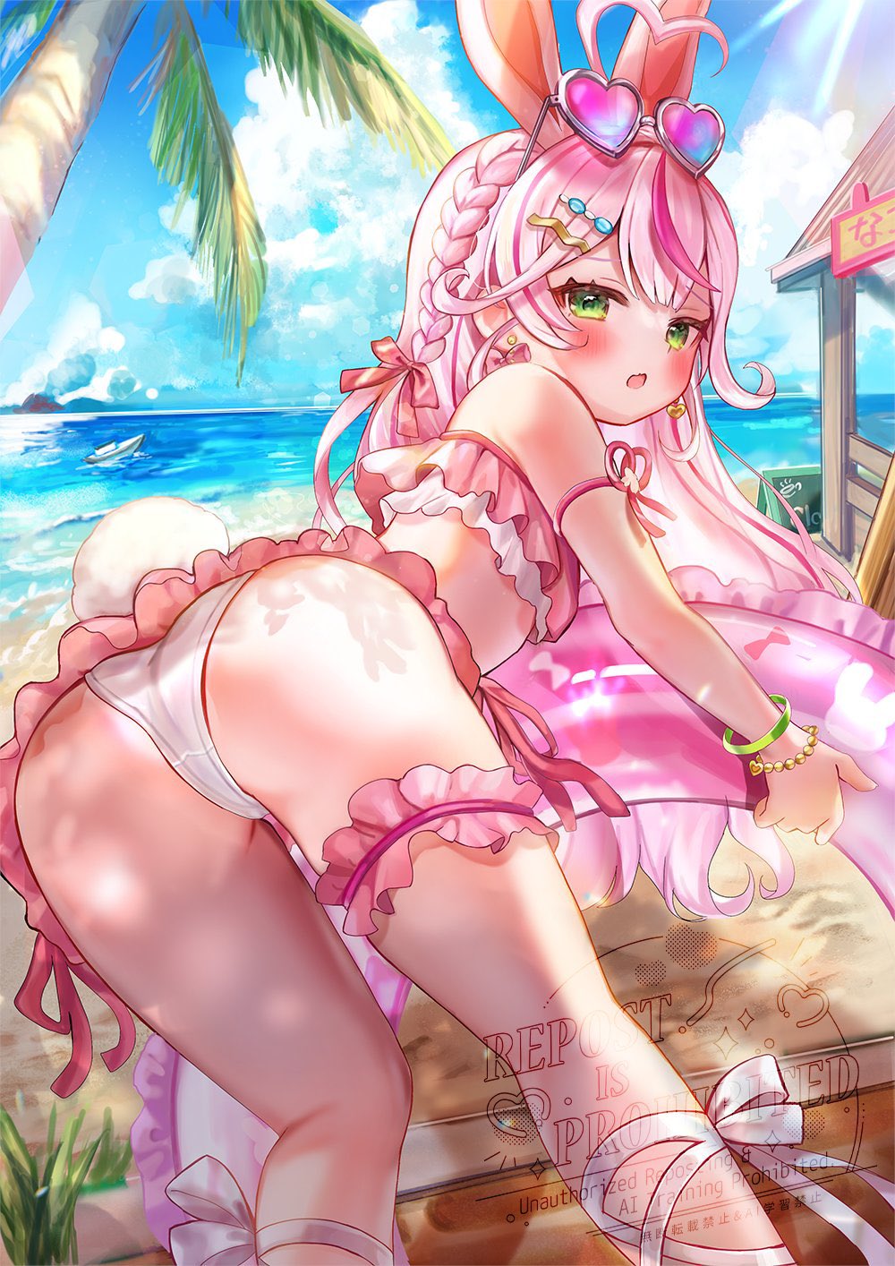 ahoge, animal_ears, ass, beach, bikini, blush, bracelet, braid, earrings, frilled_bikini, frills, from_behind, green_eyes, hair_ornament, hair_ribbon, heart, heart-shaped_eyewear, heart_ahoge, heart_earrings, highres, holding, holding_swim_ring, indie_virtual_youtuber, innertube, jewelry, looking_at_viewer, looking_back, mochizuki_nako, multicolored_hair, ocean, open_mouth, palm_tree, pink-tinted_eyewear, pink_bikini, pink_hair, rabbit_ears, rabbit_girl, rabbit_tail, rachip, ribbon, streaked_hair, swim_ring, swimsuit, tail, tinted_eyewear, tree