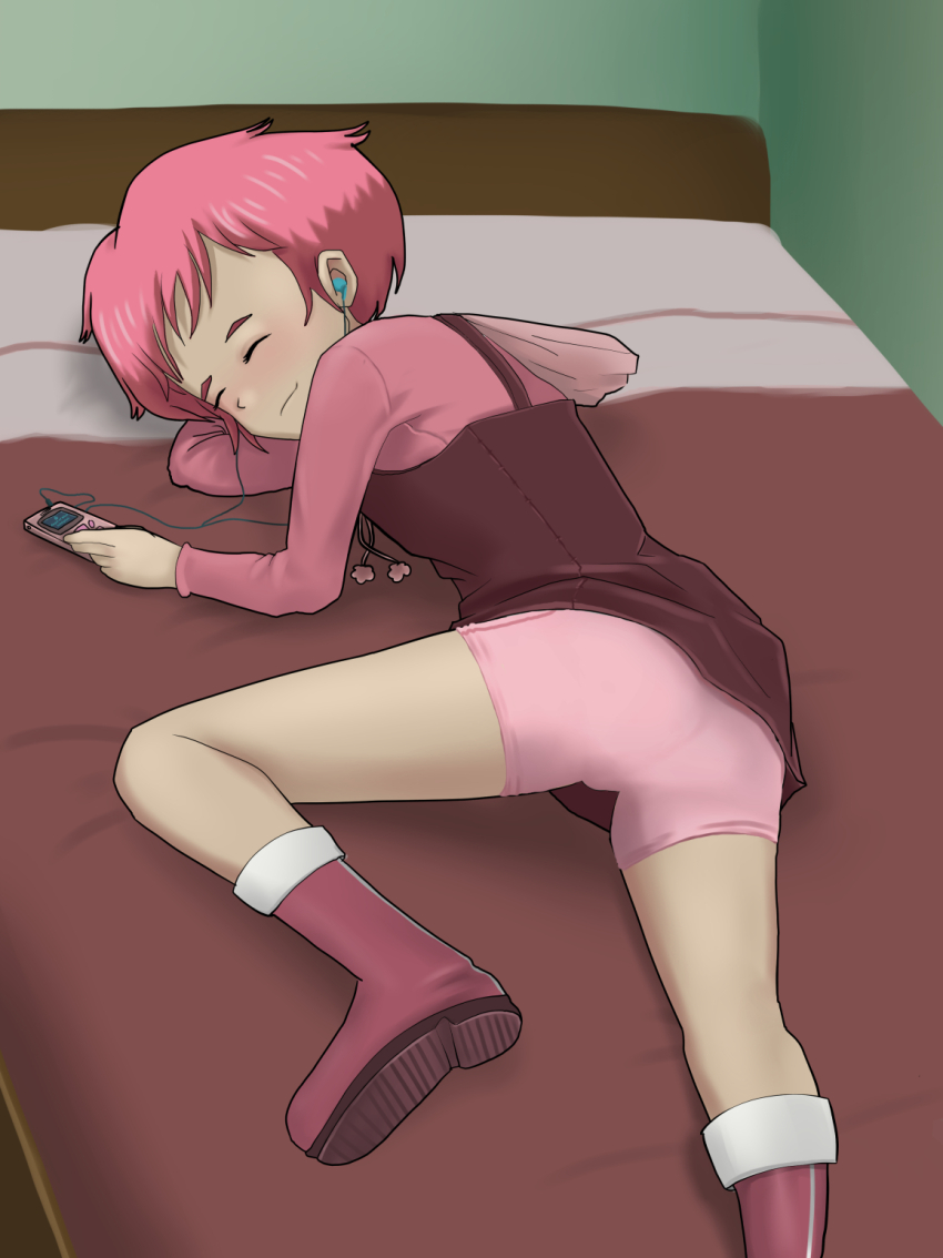 1girl, aelita, bed, bedroom, bike_shorts, blush, boots, brown_dress