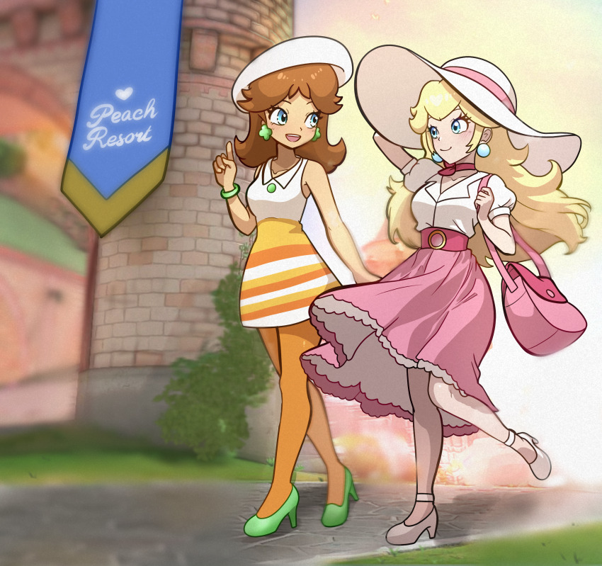 2girls, bag, belt, blonde_hair, blue_eyes, bracelet, breasts, brown_hair