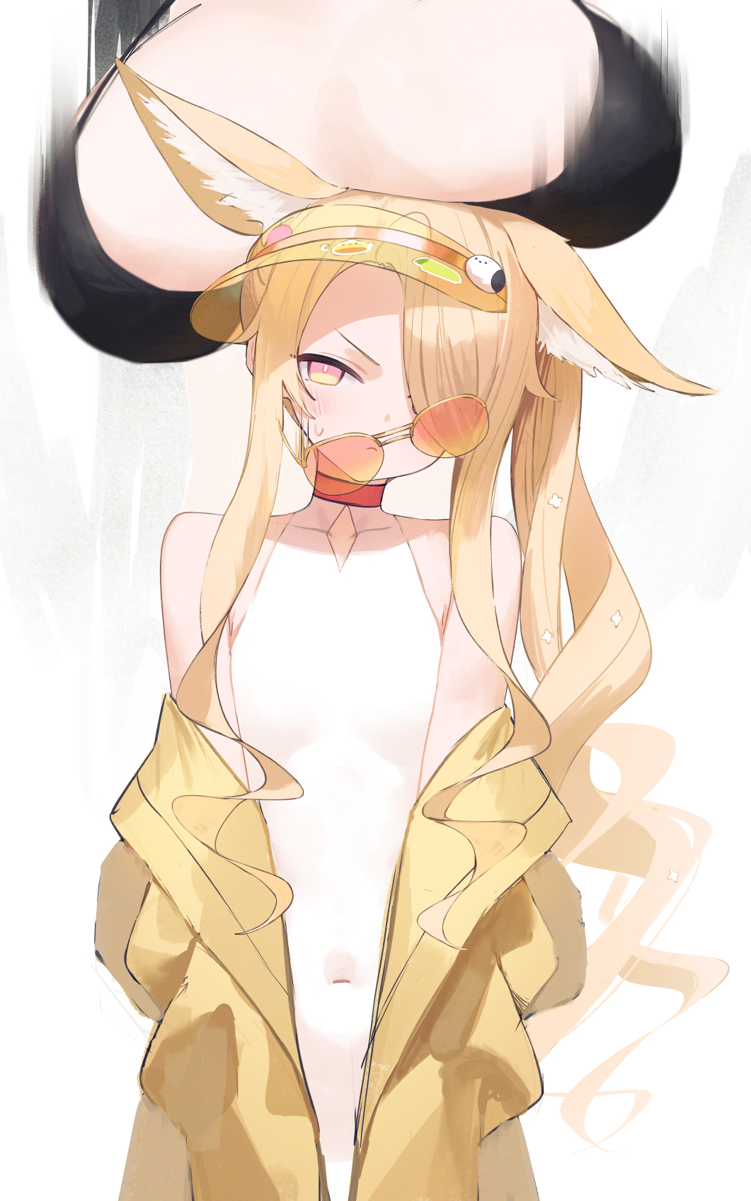 2girls, animal_ear_fluff, animal_ears, bare_shoulders, bikini, black_bikini, blonde_hair, blue_archive