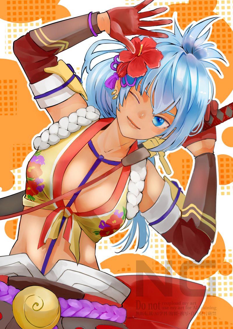 1girl, arm_guards, arm_up, blue_eyes, breasts, dark-skinned_female, dark_skin, dutch_angle