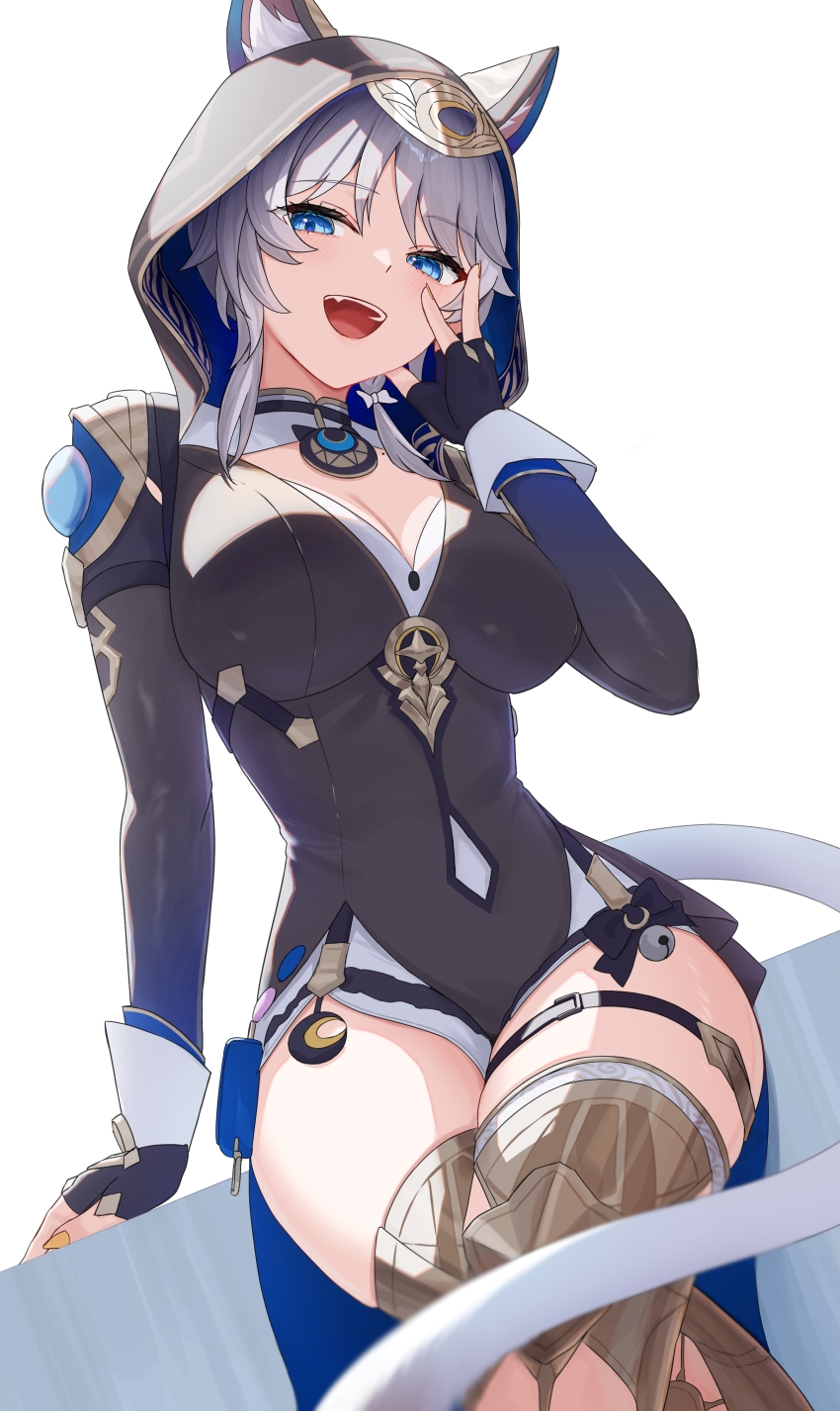 1girl, absurdres, anima_miko, animal_ear_fluff, animal_ears, black_gloves, blue_eyes, breasts