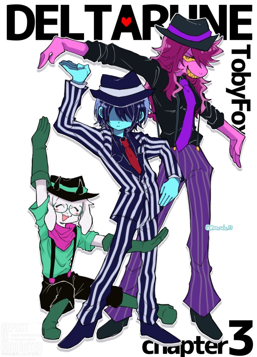 1boy, 1girl, 1other, ^_^, animal_ears, black_hat, black_jacket, blue_hair