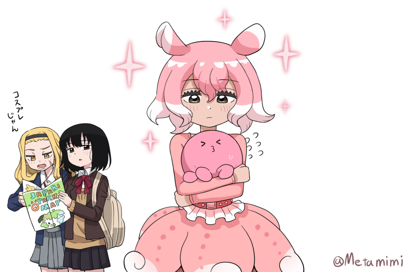 >3<, 3girls, artist_name, belt, black_hair, blonde_hair, brown_eyes, carrying