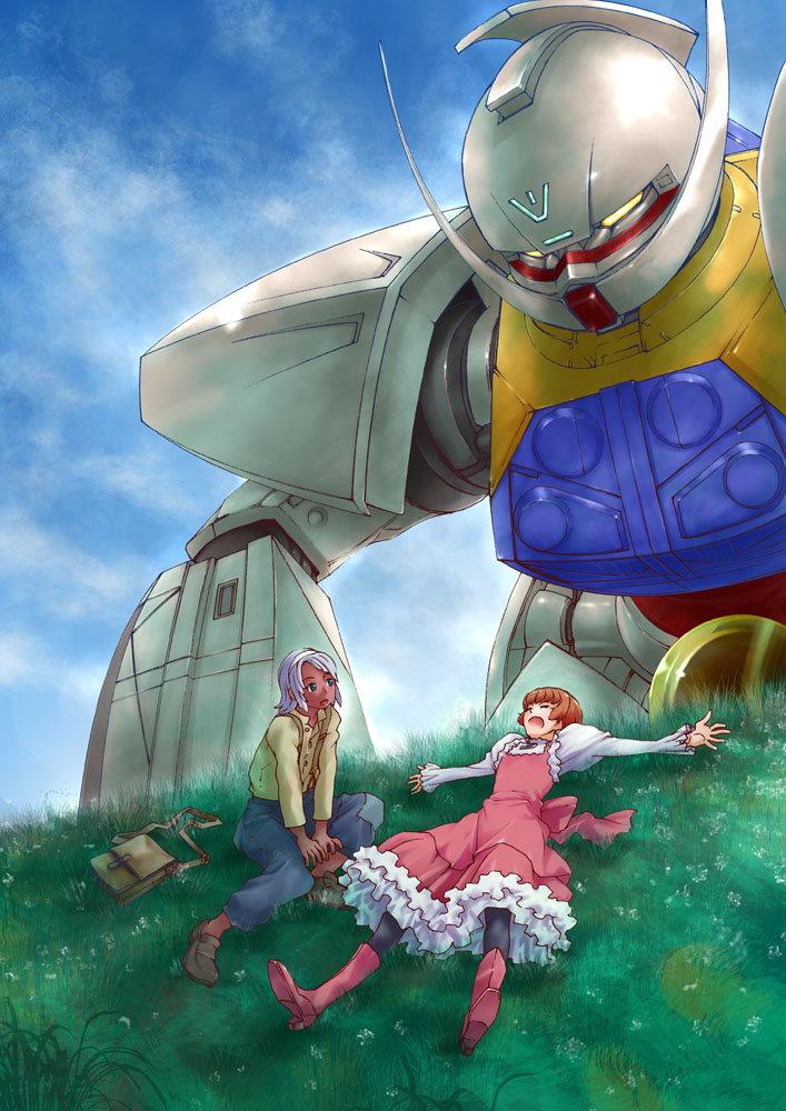 1boy, 1girl, black_pantyhose, blue_eyes, boots, brown_hair, closed_eyes, dark_skin