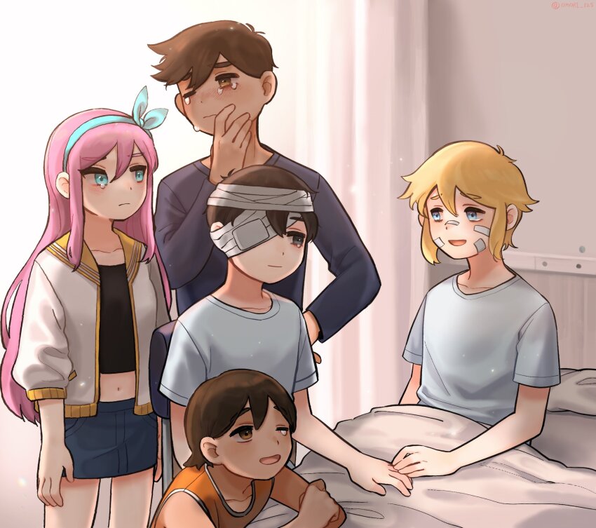 1girl, 4boys, antenna_hair, aubrey_(faraway)_(omori), aubrey_(omori), bandaged_head, bandages, bandaid