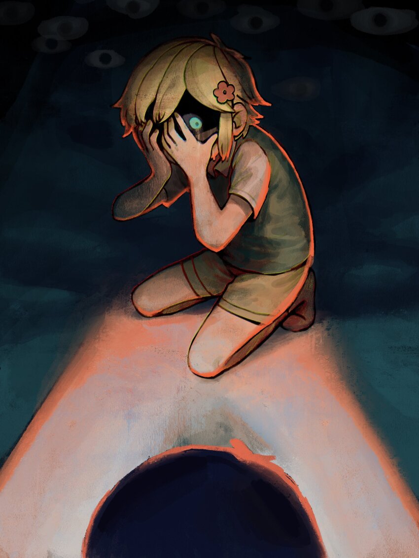 2boys, antenna_hair, basil_(faraway)_(omori), basil_(omori), black_hair, blonde_hair, blue_eyes, brown_shorts