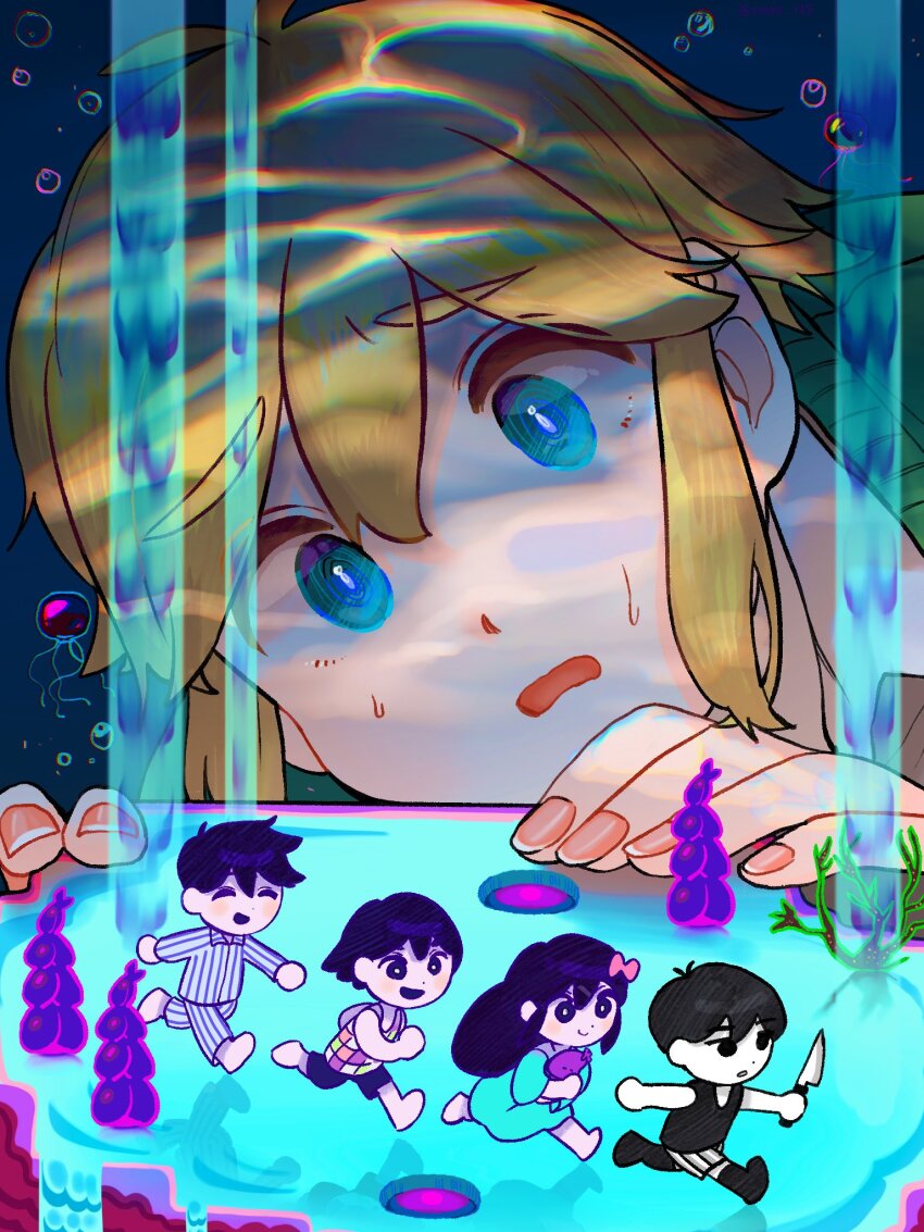 1girl, 4boys, air_bubble, aubrey_(headspace)_(omori), aubrey_(omori), barefoot, basil_(faraway)_(omori), basil_(omori)
