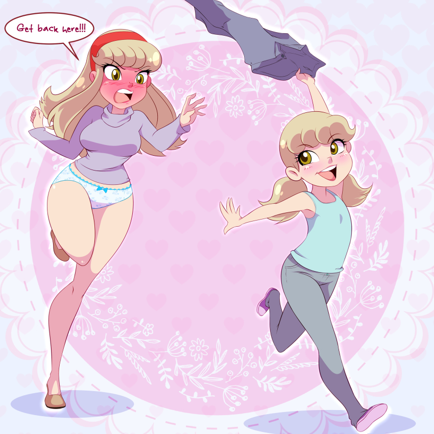 2girls, absurdres, amber_(oot94), angry, blonde_hair, blue_bow, blue_pants, blue_shirt, blush, borrowed_character, bow, bow_panties, breasts, brown_eyes, brown_shoes, chasing, clothes_theft, clothes_writing, collarbone, denim, embarrassed, flat_chest, full-face_blush, hairband, heart, heart_background, heart_print, highres, holding, holding_pants, holding_unworn_clothes, jeans, kathleen_(oot94), lace, lace-trimmed_panties, lace_trim, loli, lolilolalove, long_hair, long_sleeves, looking_at_another, looking_back, low_twintails, medium_breasts, multiple_girls, open_mouth, original, panties, pants, pink_background, print_panties, purple_shoes, purple_sweater, running, shirt, shoes, siblings, sisters, smile, speech_bubble, sweater, tank_top, teeth, theft, twintails, underwear, unworn_pants, white_background, white_panties, wide_hips