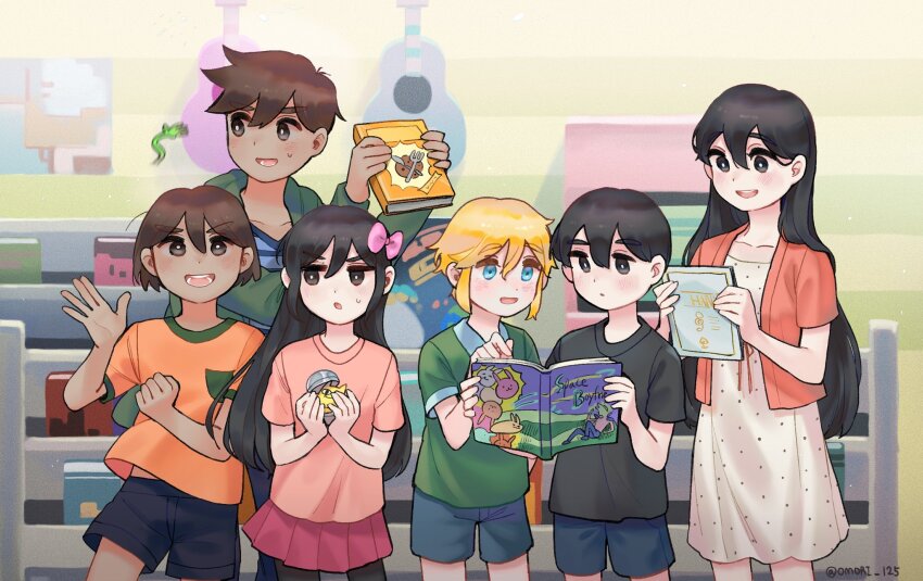 2girls, 4boys, aged_down, alternate_costume, aubrey_(faraway)_(omori), aubrey_(omori), basil_(faraway)_(omori), basil_(omori)