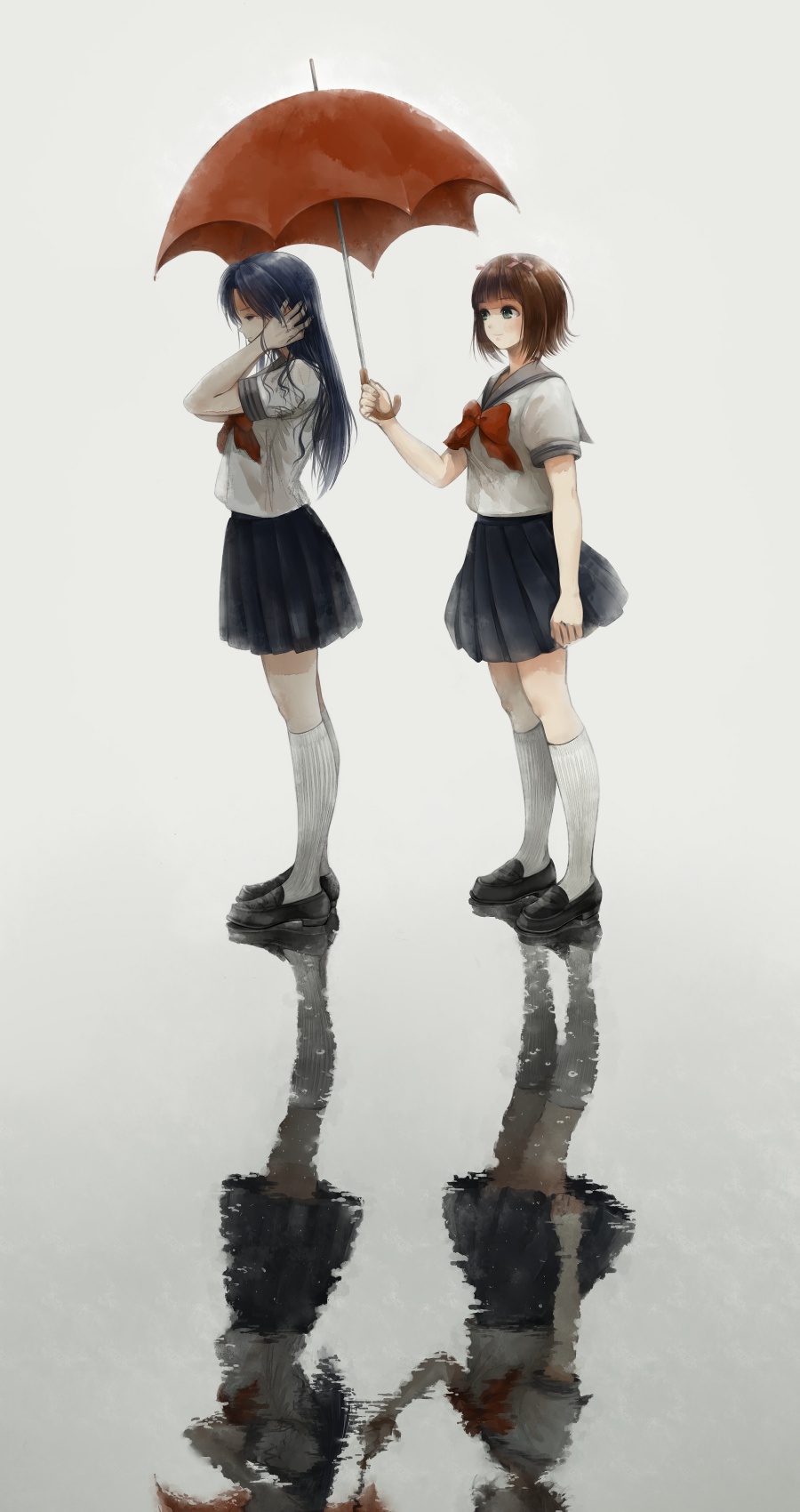 2girls, adjusting_hair, amami_haruka, blue_hair, brown_eyes, brown_hair, green_eyes, hair_ribbon