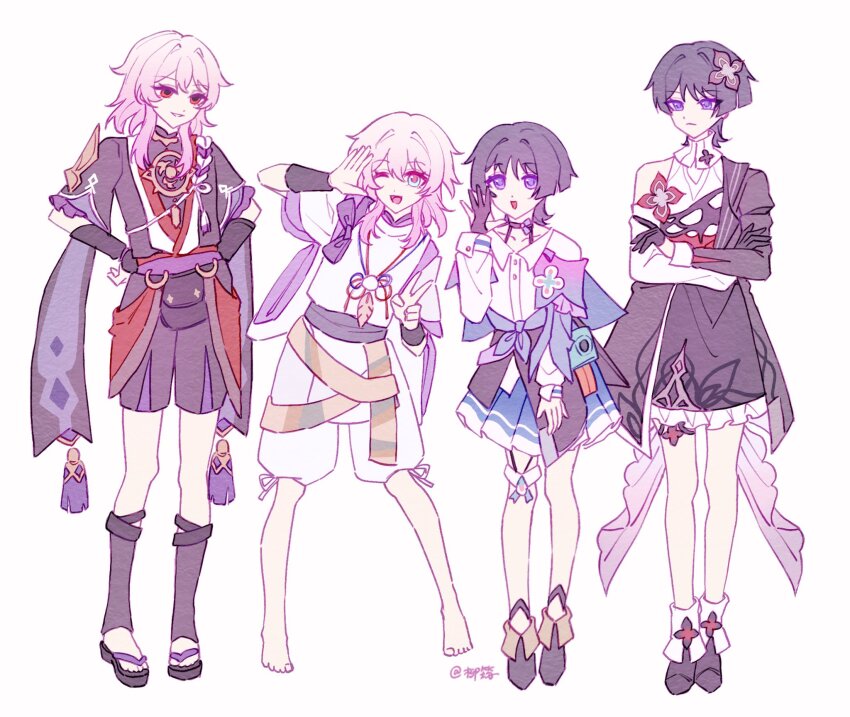 2boys, 2girls, arm_at_side, armor, artist_name, asymmetrical_sleeves, barefoot, black_bodysuit