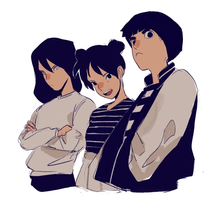 1girl, 2boys, black_hair, blunt_bangs, bowl_cut, cropped_torso, crossed_arms, double_bun