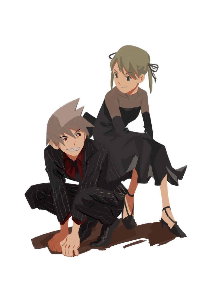 1boy, 1girl, absurdres, black_dress, black_gloves, black_necktie, black_shoes, blonde_hair, breasts, closed_mouth, collared_shirt, commentary, couple, dress, elbow_gloves, formal_clothes, full_body, gloves, grey_hair, grin, hair_between_eyes, hair_ribbon, hetero, highres, maka_albarn, medium_breasts, necktie, pants, pinstripe_jacket, pinstripe_pants, pinstripe_pattern, pinstripe_suit, red_eyes, red_shirt, ribbon, sharp_teeth, shirt, shoes, short_hair, short_twintails, sitting, sitting_on_person, smile, sona_(mmediocreman), soul_eater, soul_evans, spiked_hair, squatting, suit, teeth, twintails, white_background