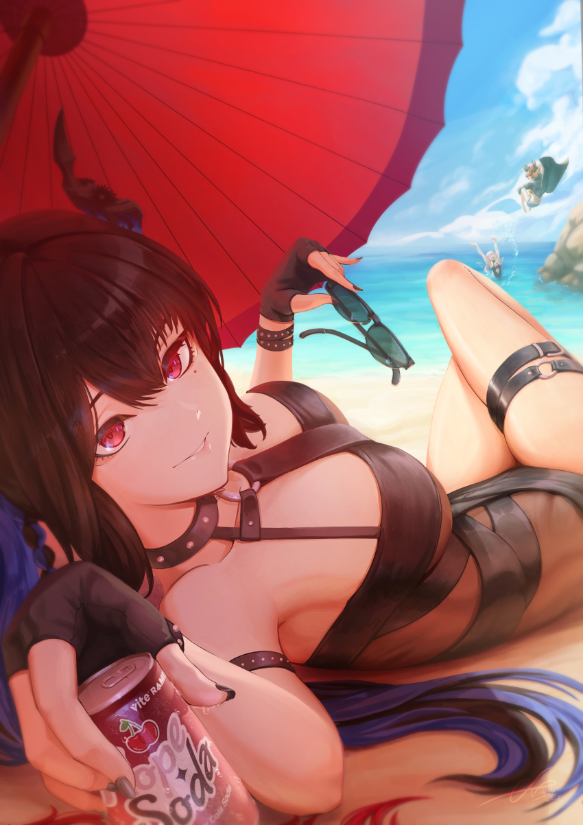 4girls, absurdres, allister_vinris, arm_strap, asymmetrical_horns, beach, beach_umbrella, bikini