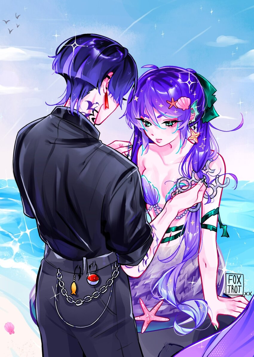 1boy, 1girl, ahoge, alternate_species, alternate_universe, aqua_eyes, arm_at_side, artist_name, bare_shoulders, bikini, bird, black_shirt, black_sleeves, blue_sky, blunt_ends, breasts, chain, cleavage, closed_mouth, cloud, cloudy_sky, collarbone, contrail, diffraction_spikes, ear_piercing, earrings, eyelashes, eyeliner, eyeshadow, facing_another, fins, fish, fish_hook, fish_hook_earrings, fish_tail, flock, foxtrot_(foxtrot_xx), gem, genshin_impact, grey_pants, hair_between_eyes, hair_ornament, hands_up, head_fins, highres, jewelry, long_hair, looking_at_another, looking_down, makeup, medium_breasts, mermaid, mona_(genshin_impact), monster_girl, navel, neck_tattoo, ocean, outdoors, pants, pearl_(gemstone), piercing, pink_lips, purple_hair, red_eyeliner, red_eyeshadow, rescue, scaramouche_(genshin_impact), seashell, seaweed, shell, shell_bikini, shell_hair_ornament, shirt, shore, short_sleeves, sitting, six-pack_rings, sky, standing, star_(symbol), star_earrings, star_print, starfish_hair_ornament, swimsuit, tail, tassel, tassel_earrings, tattoo, twintails, untying