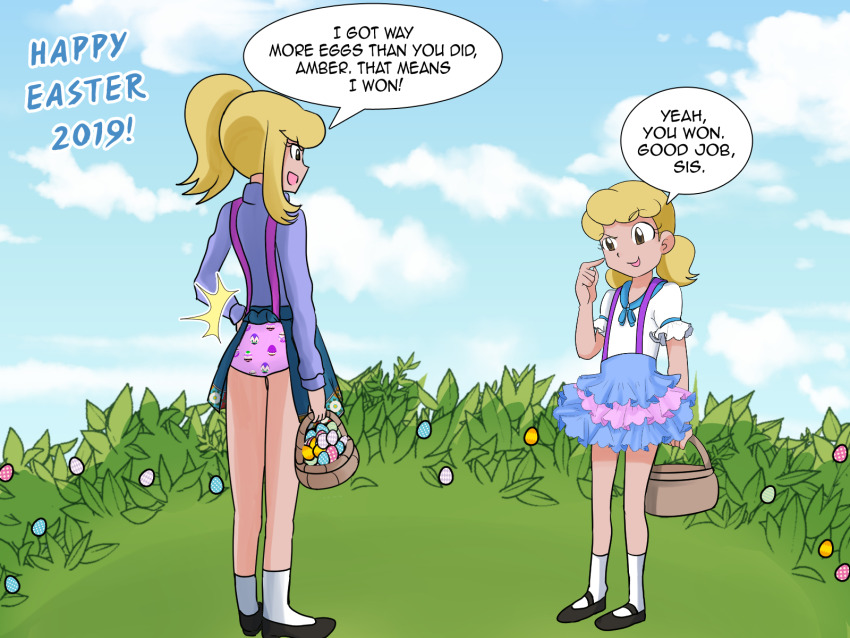 10s, 2019, 2girls, amber_(oot94), ass, basket, bipinkbunny, black_shoes